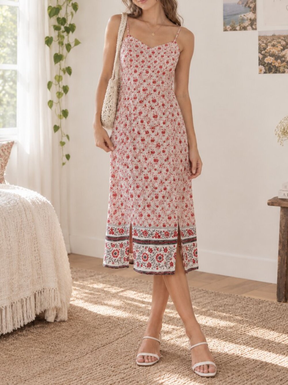 Vintage American Eagle Red Floral Cotton Spaghetti Strap Dress Size 2 Y2K
